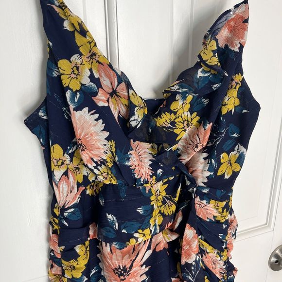 NEW Lulu’s Dress Womens Medium Stunning Soiree Blue Floral Ruched‎ Midi Slit - Picture 15 of 16